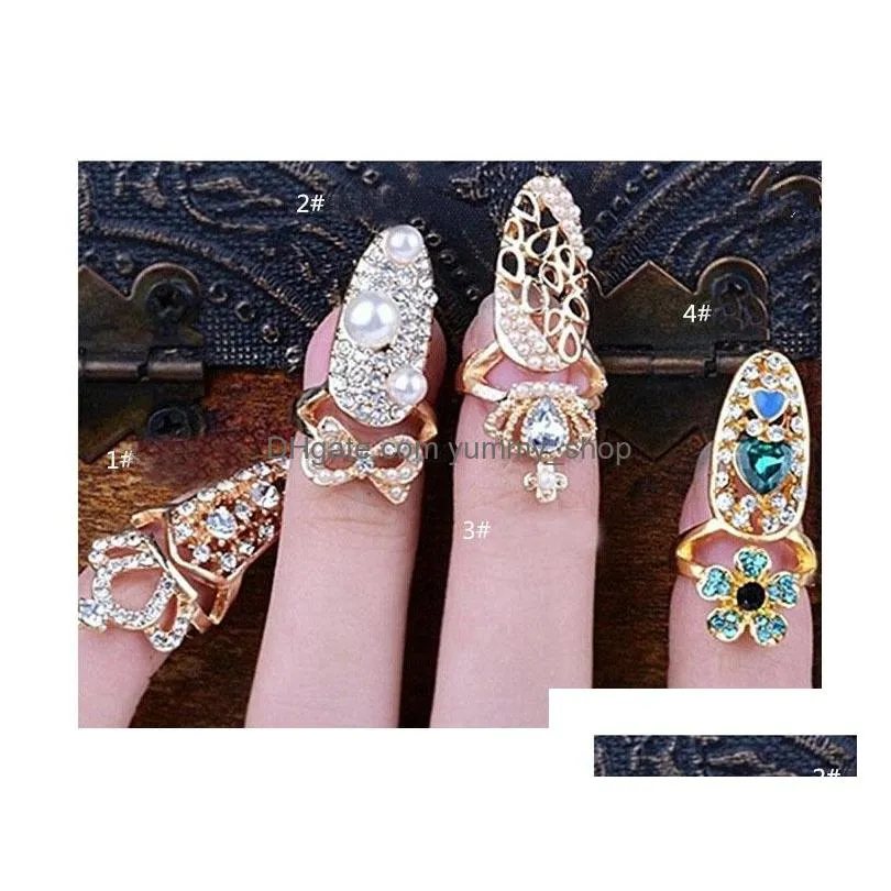 fashion jewelry metal nail ring hollowed bowknot crown flower rhinstone nails beauty rings