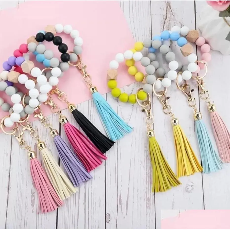 valentines day party favor silicone beaded bangle keychain with tassel for women wristlet key ring bracelet 