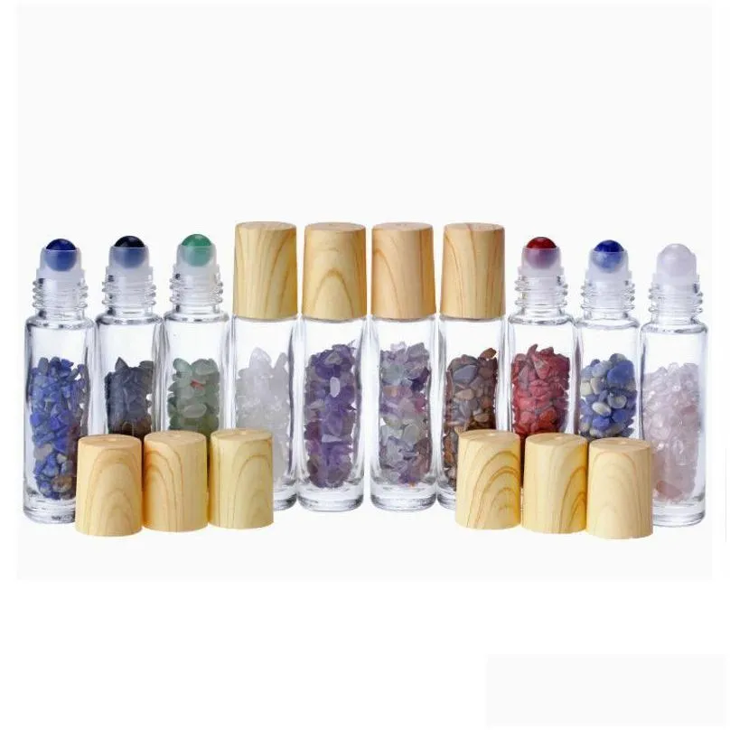 10ml natural gemstone jade roller bottle plastic wood grain lid refillable  oil bottle wholesale