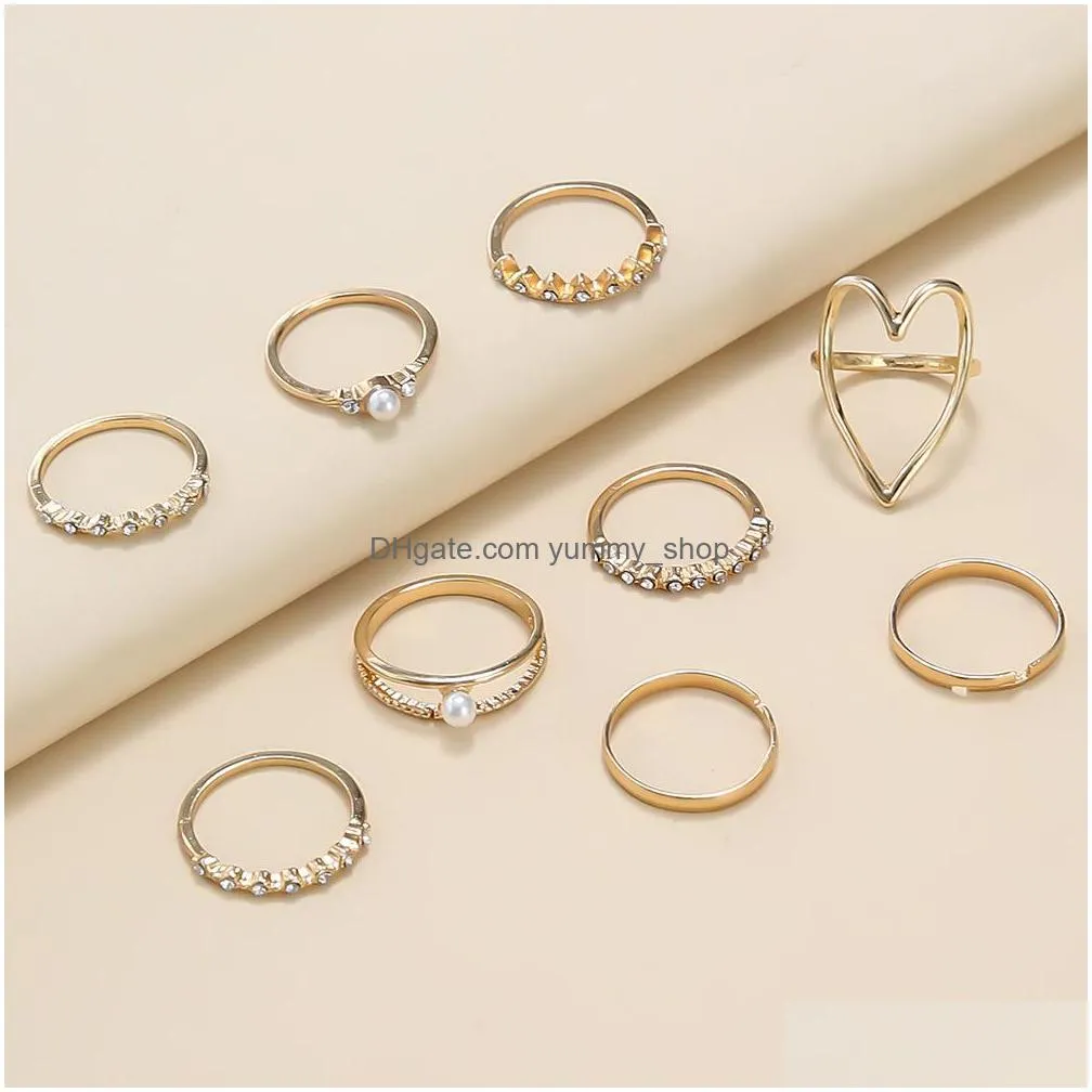fashion jewelry faux pearl rhinstone crown hollow love ring set knuckle rings 9pcs/set