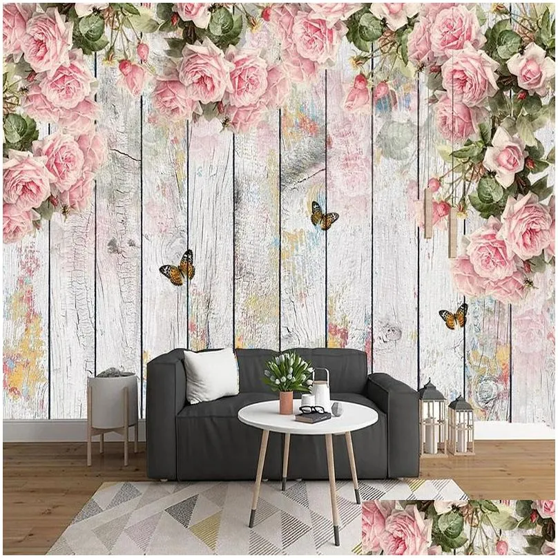 wallpapers custom mural wallpaper 3d pink flower bird butterfly wooden board wall painting living room bedroom romantic home decor