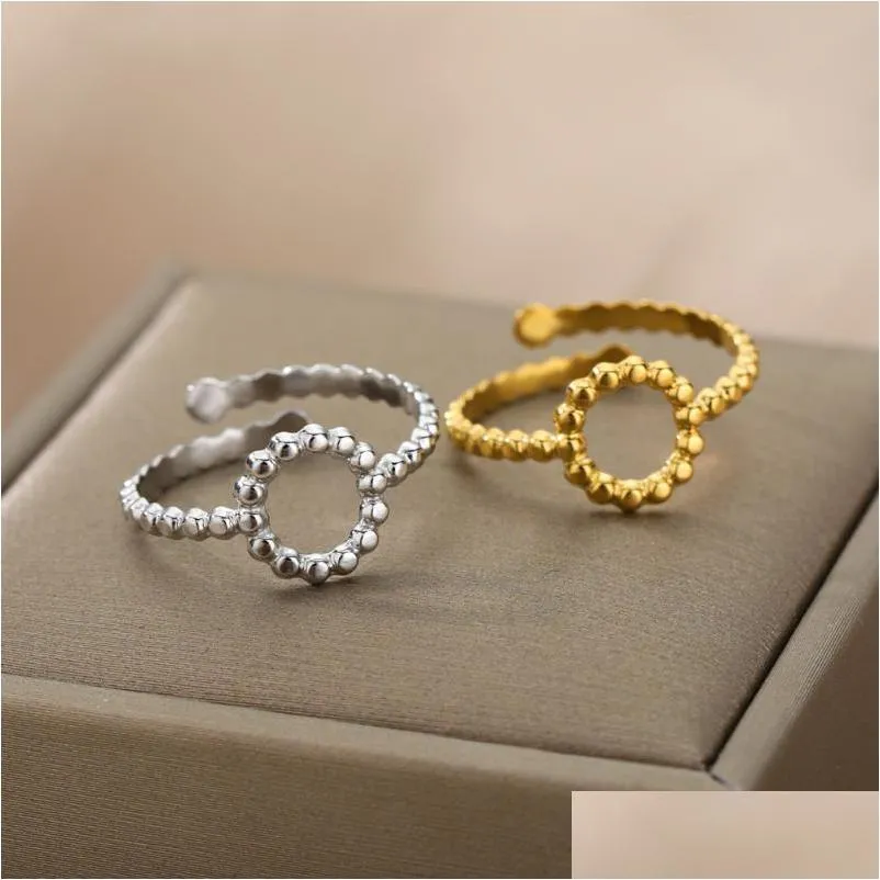 cluster rings vintage round hollow open for women stainless steel gold beads adjustable finger couple ring aesthetic jewelry