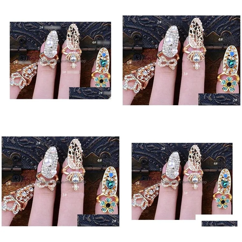 fashion jewelry metal nail ring hollowed bowknot crown flower rhinstone nails beauty rings