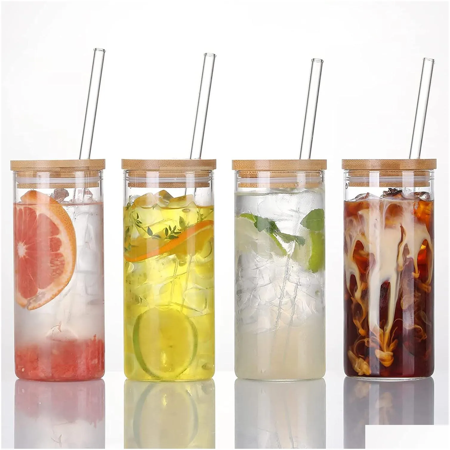 4 Set 20 OZ Drinking Glasses with Bamboo Lids and Straws Borosilicate Glass