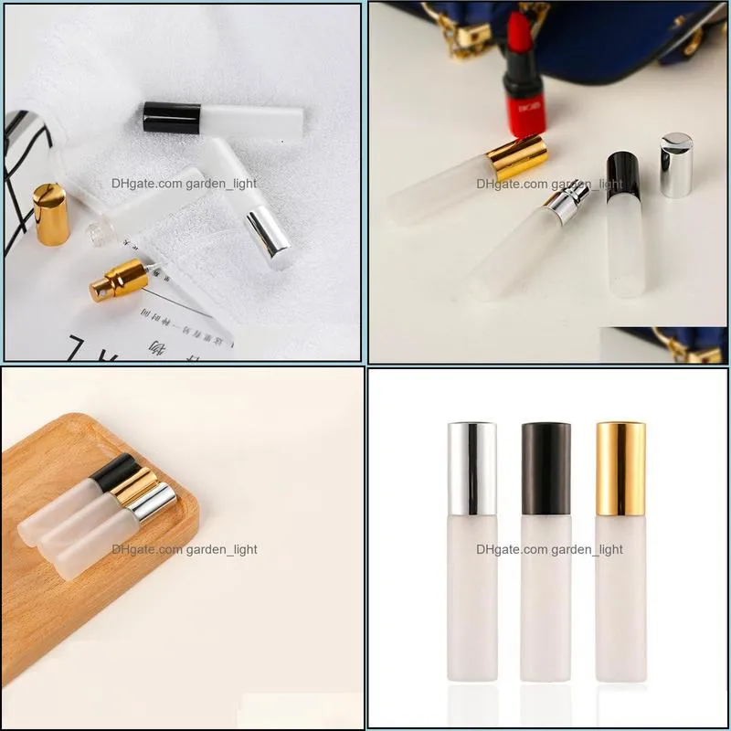 10ml frosted glass  oil perfume bottle pump sprayer bottle with gold/silver/black caps perfume sub bottle for travel