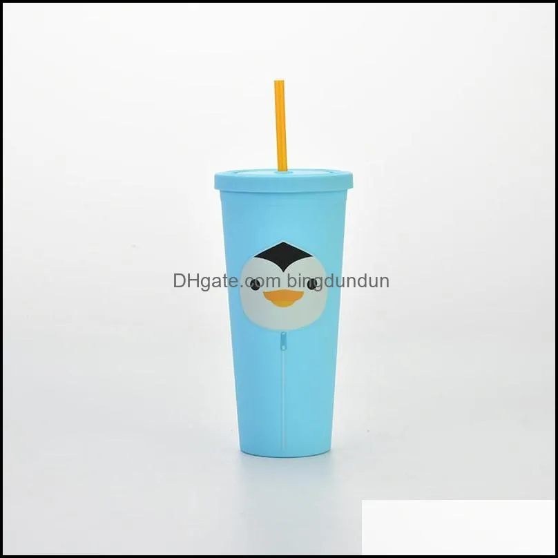 24oz plastic straw cup cartoon printed double wall plastic tumbler coffee cup with lid high capacity straw cup