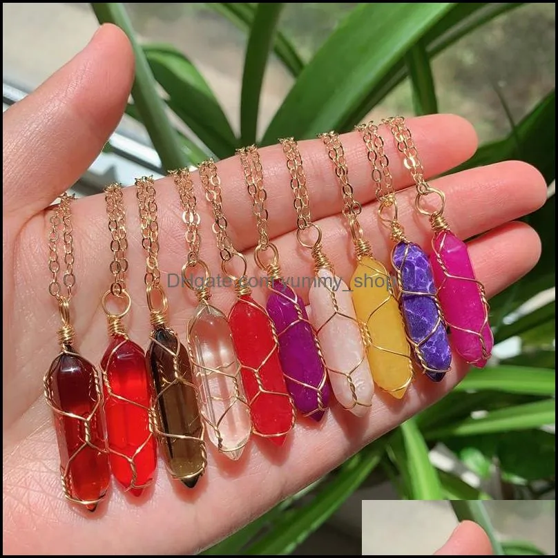 natural stone pendant gold wire wrap crystal necklace hexagonal bullet amethysts pink quartz pendulum chakra healing jewelr yummyshop