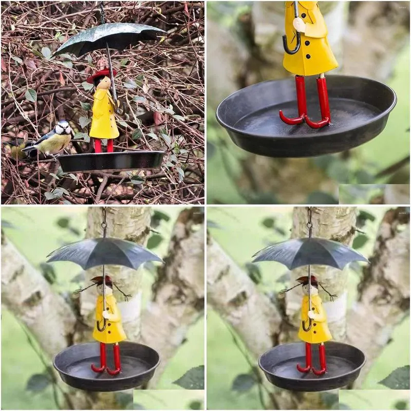 garden decorations bird feeder metal hanging chain girl waterproof umbrella statue outdoor flying animal automatic food dispenser tool