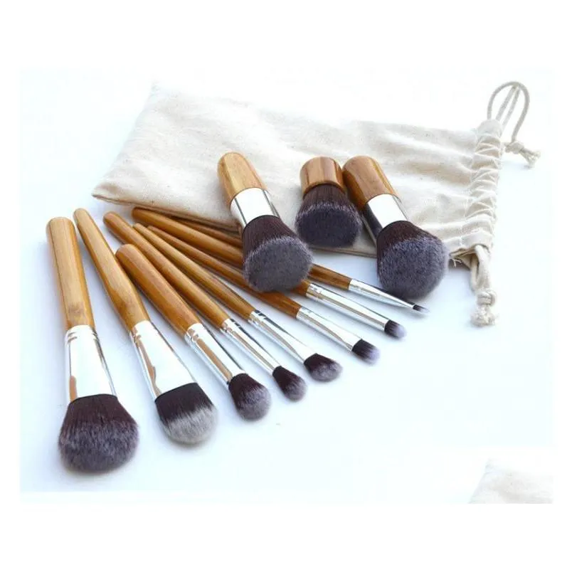 drop 11pcs makeup brushes cosmetics tools natural bamboo handle eyeshadow cosmetic makeup brush set blush soft brushes kit with