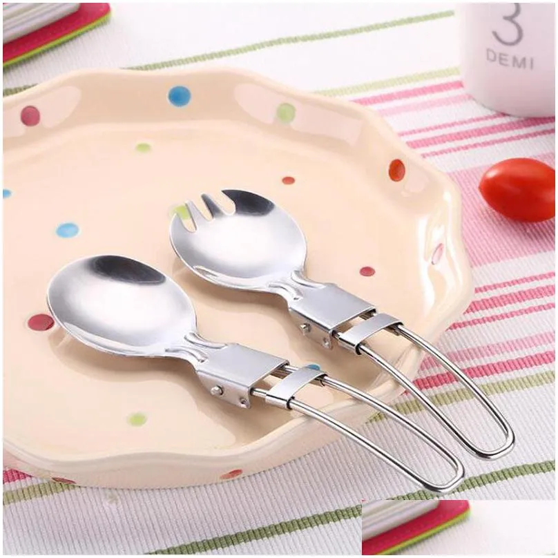 foldable folding stainless steel spoon spork fork outdoor camping hiking traveller kitchen tableware qw7396