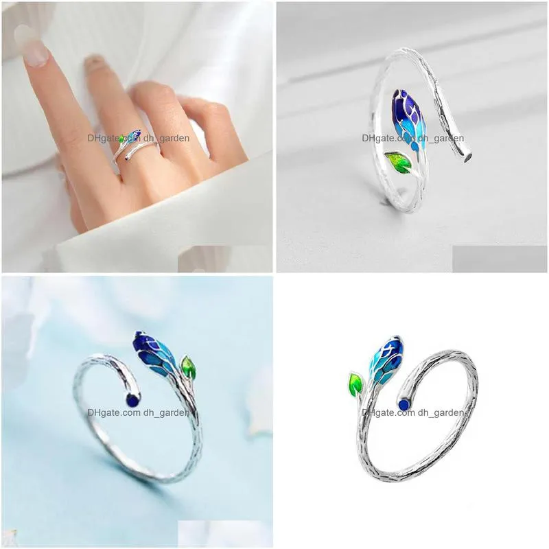 cluster rings yizizai simple art small  branch green leaf ring for women vintage silver color ladies trendy fashion finger jewelry