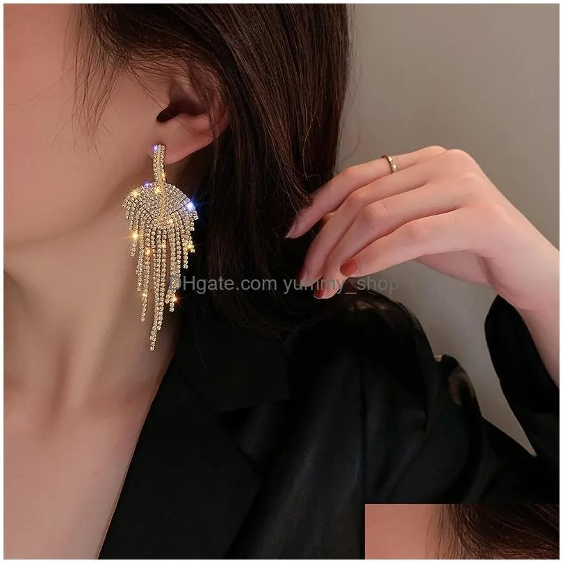 fashion jewelry s925 silver post leaf shape earrings exaggerated women full diamond tassels dinner stud earrings