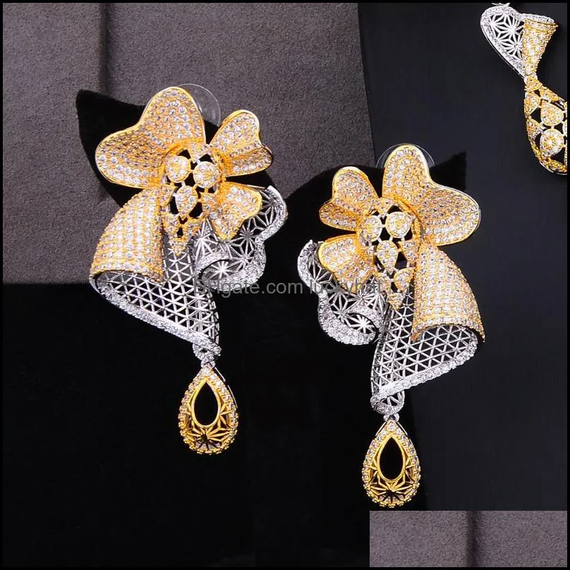 earrings necklace godki fashion hollow flowers 4pcs nigerian jewelry set for women wedding party zircon cz african bridal 2021