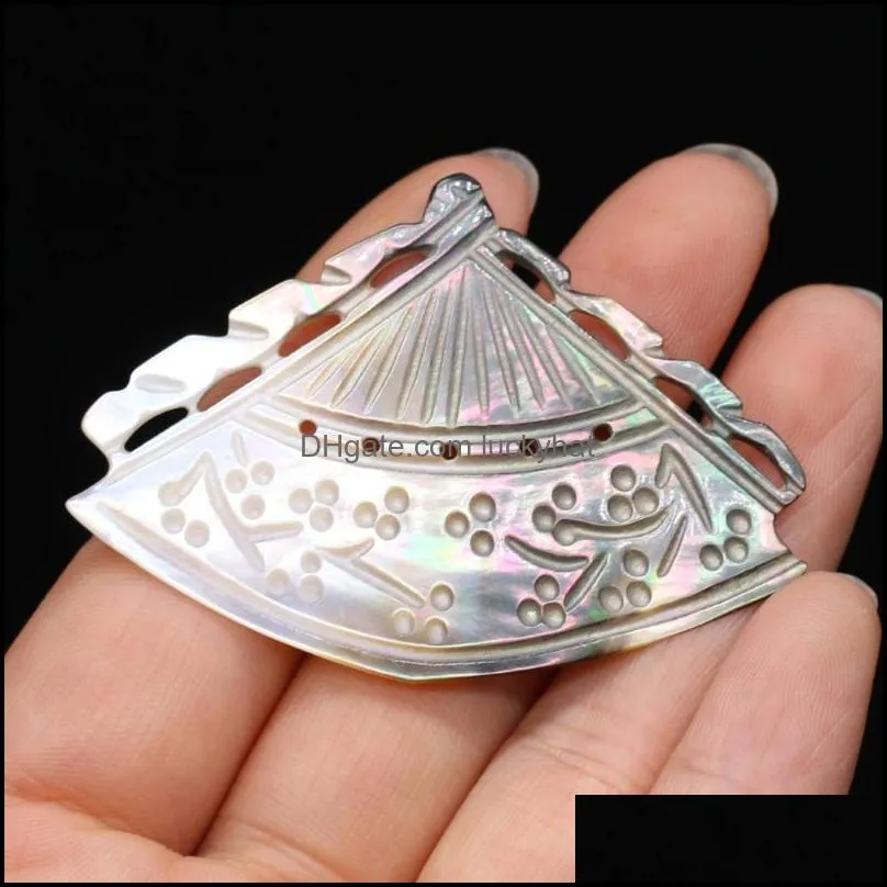 charms natural freshwater shell pendant black carved hollow fan diy hairpin necklace jewelry accessory 40x55mmcharms