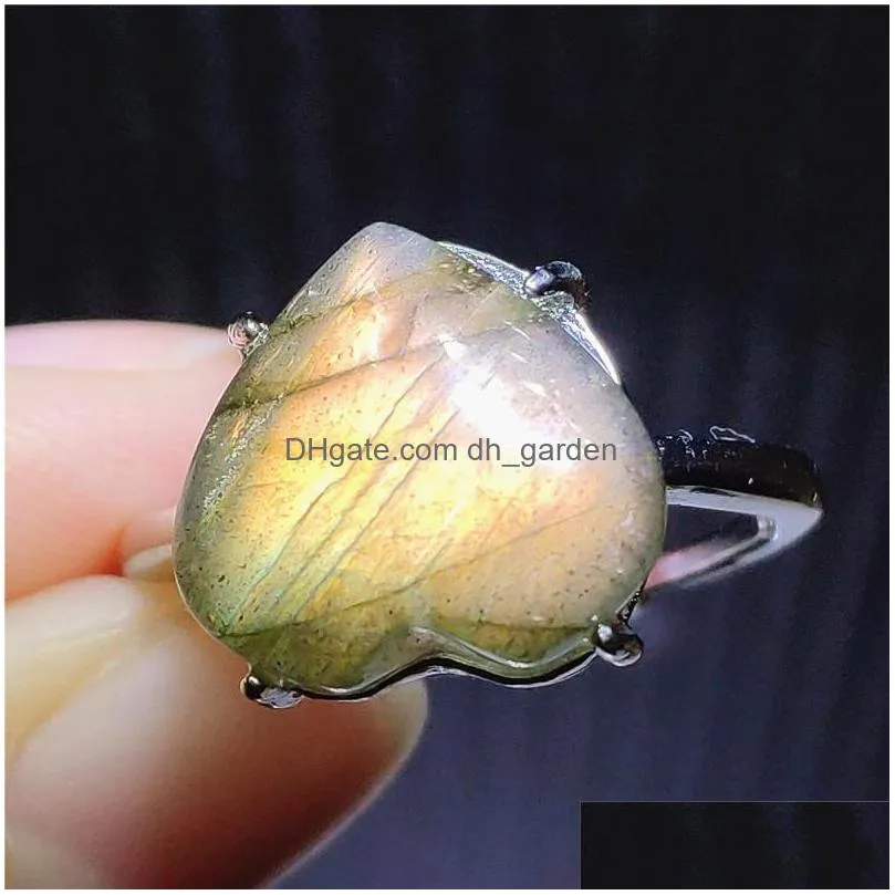 cluster rings genuine natural labradorite yellow light adjustable ring heart love 12x11mm 925 sterling silver rare women men