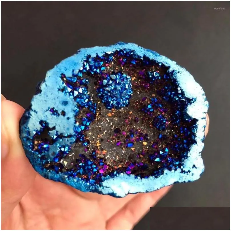 decorative figurines 1pcs blue angel aura quartz crystal geode titanium bismuth silicon cluster rainbow reiki healing