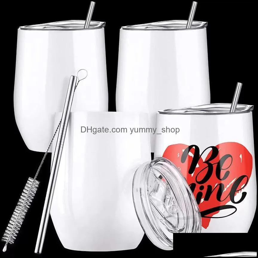 12oz sublimation blank wine tumbler cup heat transfer double wall insulated tumblers with stainless steel straw lid white mug