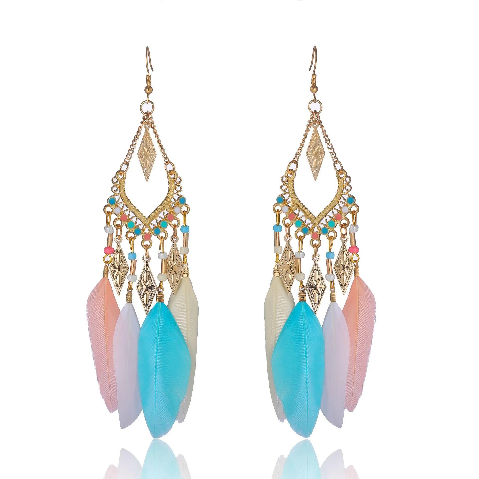 bohemian fashion jewelry for women dangle ornaments earrings handmade beaded colorful feather earrings