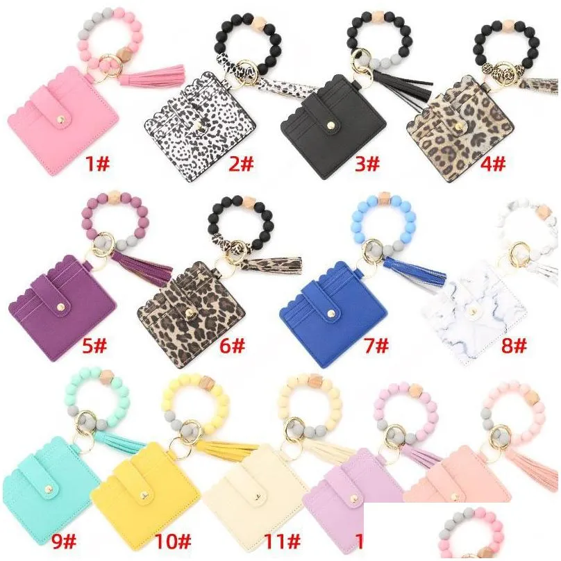 pu leather bracelet wallet keychain tassels bangle key ring holder card bag silicone beaded wristlet keychains handbag fy3399