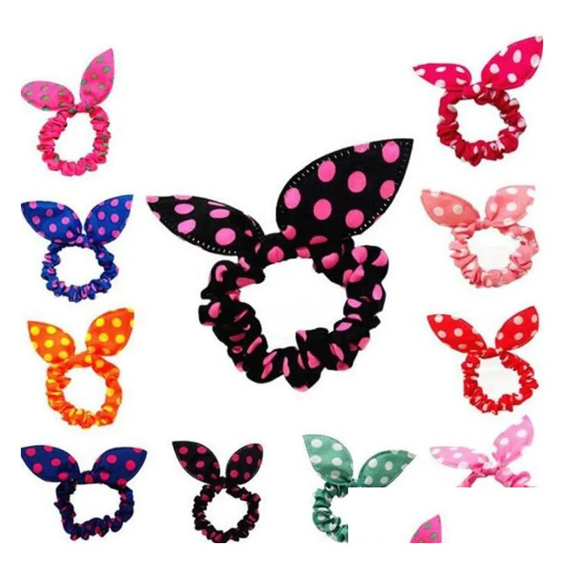 100pcs/lot children women hair band cute polka dot bow rabbit ears headband girl ring scrunchy kids ponytail holder hair accessories