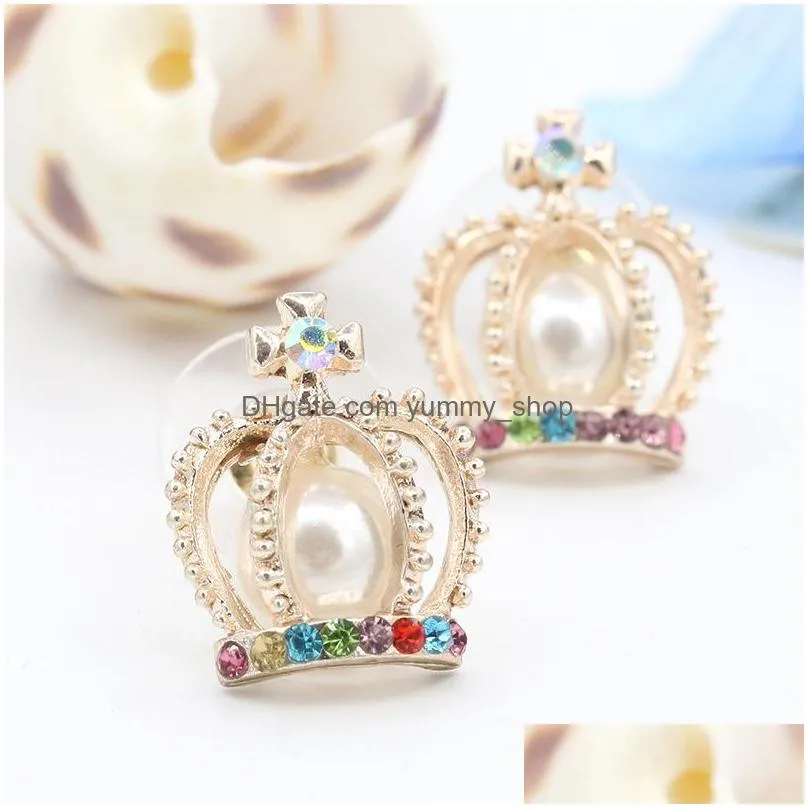 ladys accessories for women fashion jewelry refined colorful rhinstone golden crown pearl stud princess earrings