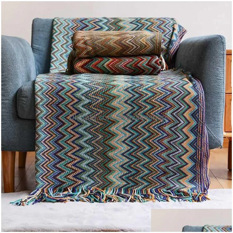 bohemian knitted blanket sofa throw with tassels colorful bedspread nap air condition nordic home decorative 211218