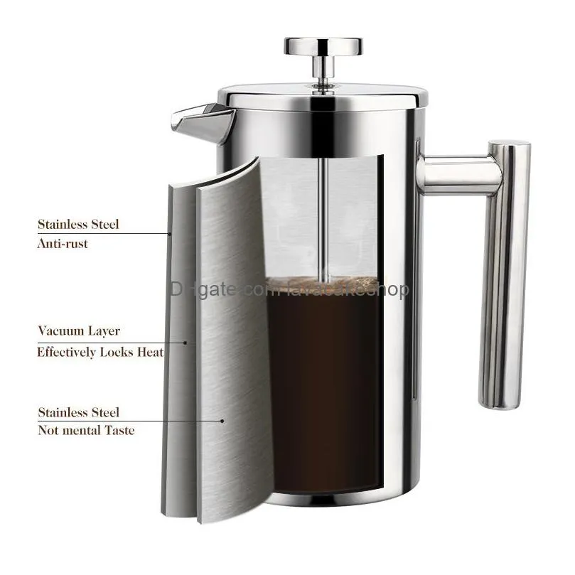 french press coffee maker stainless steel coffee percolator pot double wall large capacity manual cafetiere coffee containers