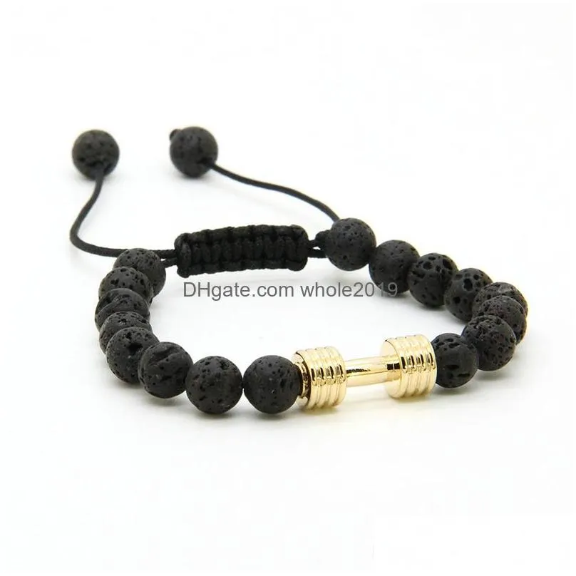 sport bracelets wholesale 8mm lava rock stone beads with barbell fitness dumbbell macrame bracelets for men