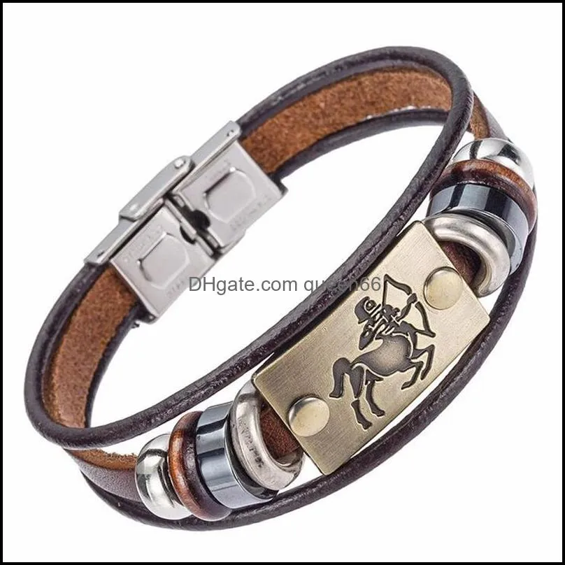 europe fashion 12 zodiac signs bracelet with stainless steel clasp leather bracelet for men