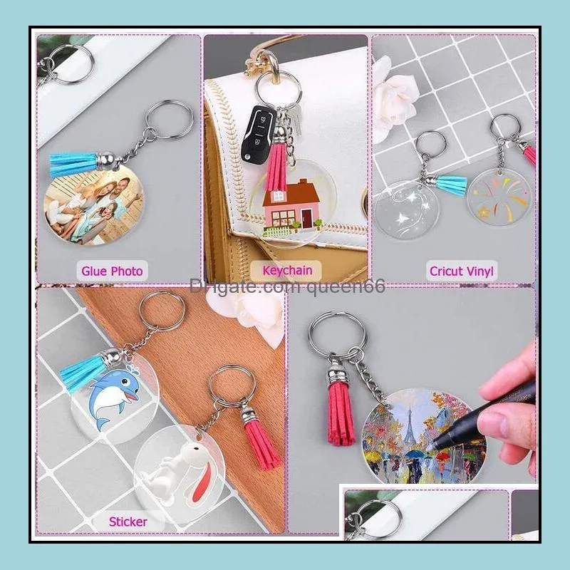 50pcs/lot acrylic keychain blanks transparent round clear discs circles w/metal split key chain rings with colorful tassel
