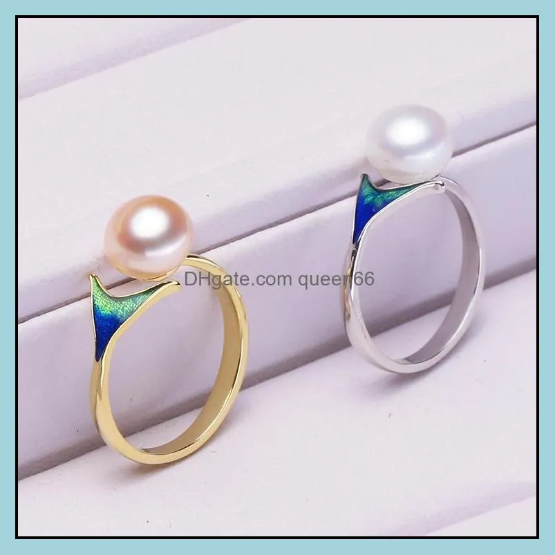 s925 silver mermaid tail pearl ring for women adjustable ring with oblate fishtail pearl ring 89mm natural pearl jewelry can diy