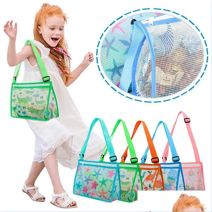 children beach shell bags for seashell toys collection mesh storage bag cartoon dinosaur starfish printed zipper pouch tote 5 colors