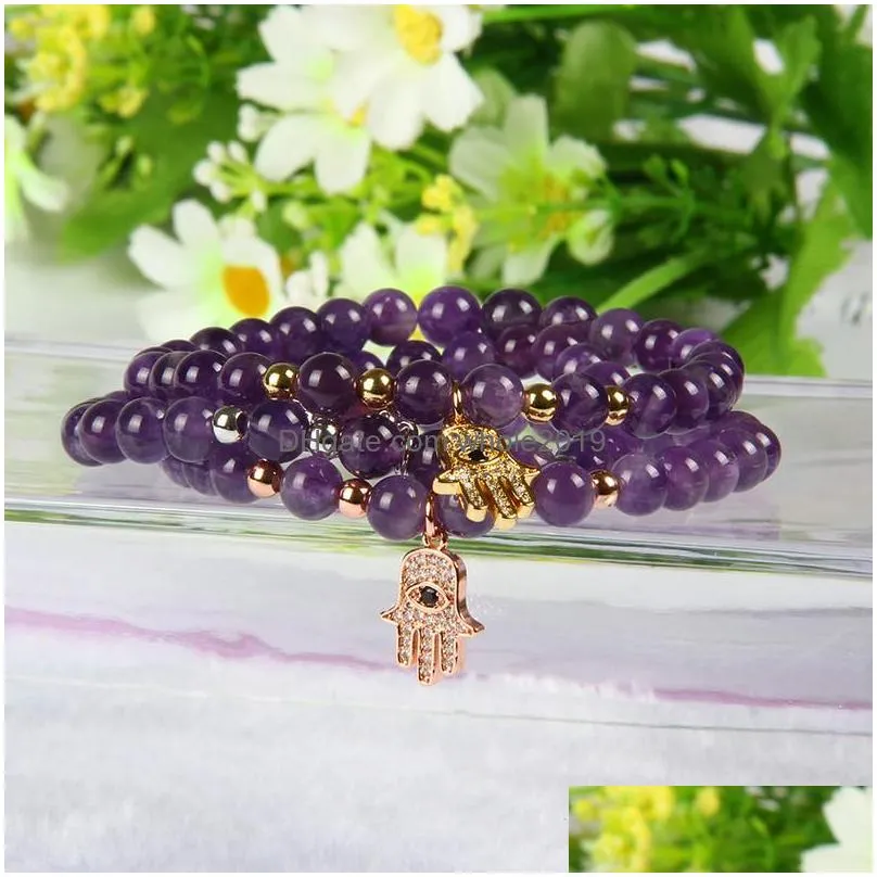  design wholesale 10pcs/lot 6mm natural purple crystal stone beads with fatima hand hamsa bracelets fine girl women charms jewelry