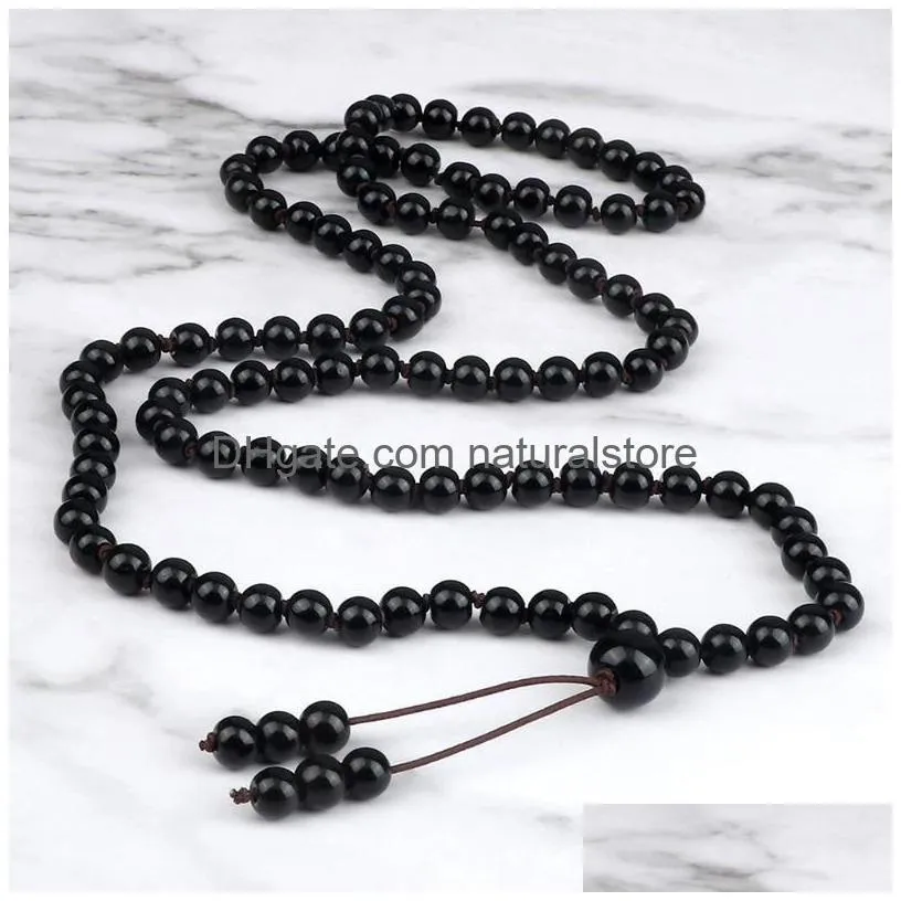 pendant necklaces shiny black onyx beaded necklace men 6 8mm natural stone yoga meditation knotted jewelry handmade women buddhist prayer