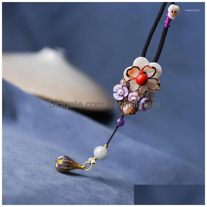 pendant necklaces boeycjr retro ethnic stone bead enamel necklace handmade jewelry alloy flower shell chain vintage for women