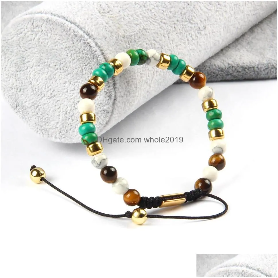 wholesale fashion jewelry arrival 6mm bronzite stone howlite stone with natural green flat beads macrame bracelet for gift