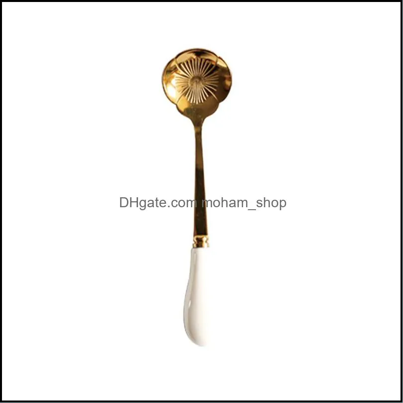 creative flower spoons white ceramics handle scoop dessert spoon gold plated coffee stir 2 7qd uu