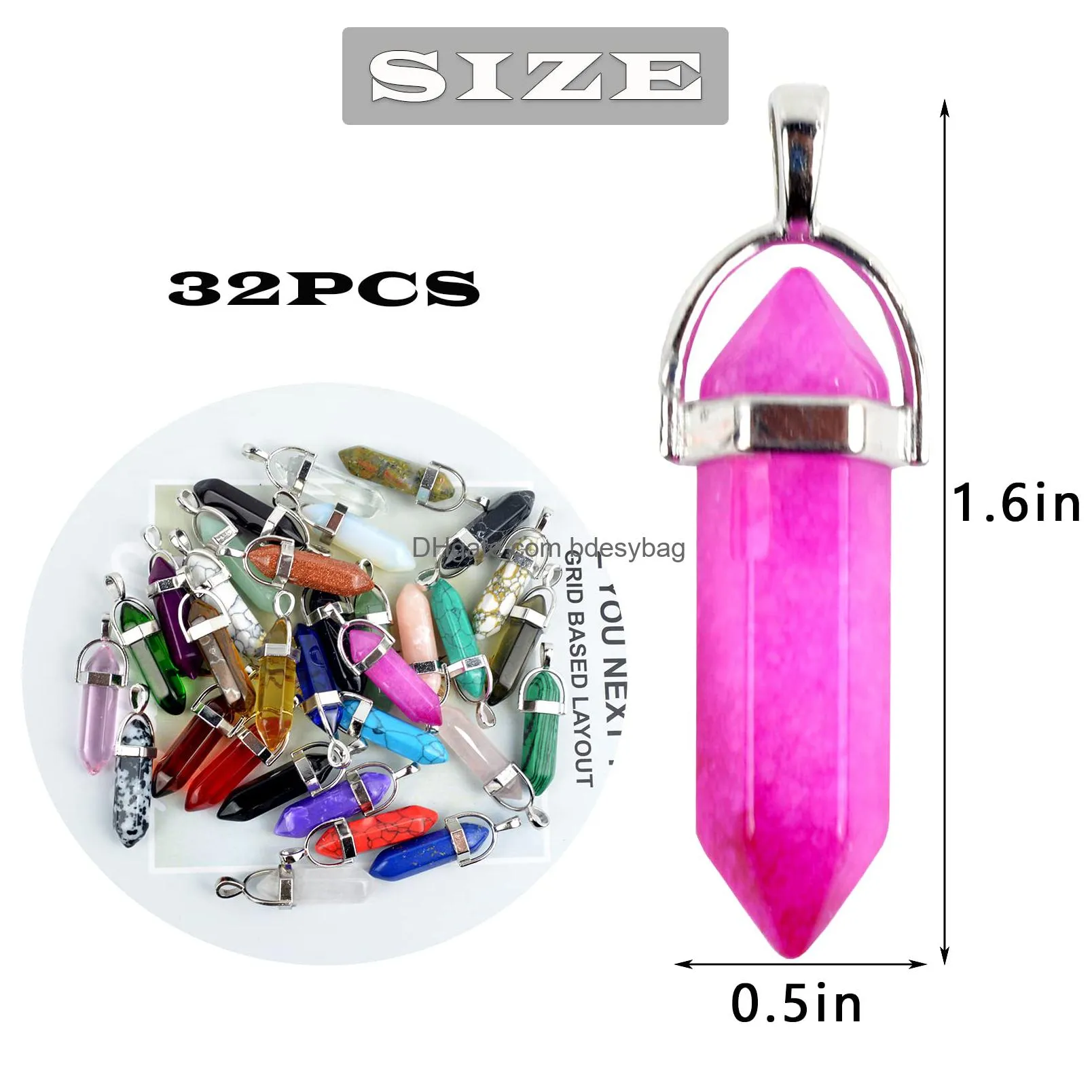 bullet shape gemstone pendant hexagonal crystal pointed quartz pendants artificial stone for chakra healing diy necklace jewelry making with storage bag