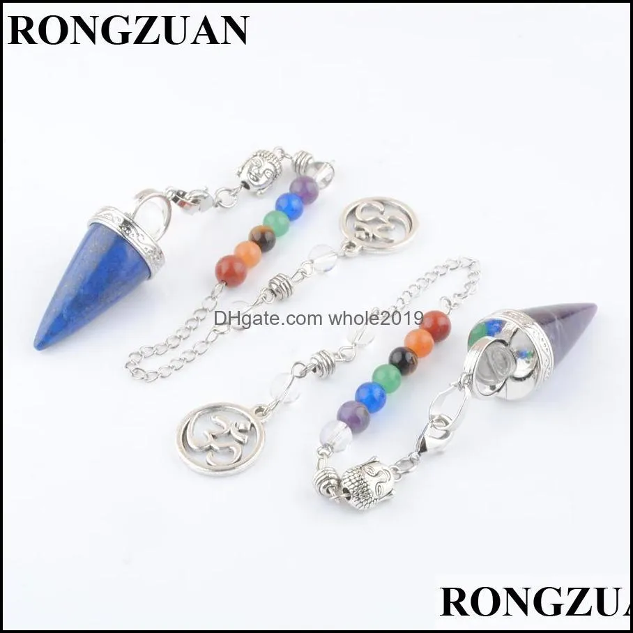 natural stone pendants amethyst tiger eye stone cone pendulums crystal 3d buddha 7 chakras chain reiki pendulum for dowsing pendule radiestesia pendulo