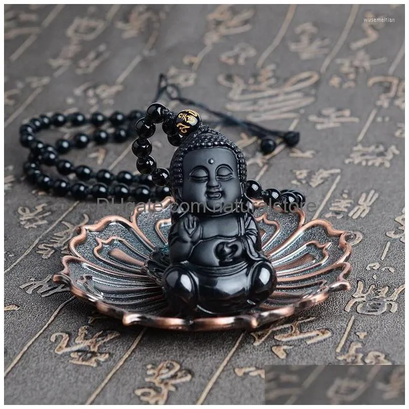 pendant necklaces natural black obsidian carved baby buddha with amulet lucky beads chain female male necklace jewelry