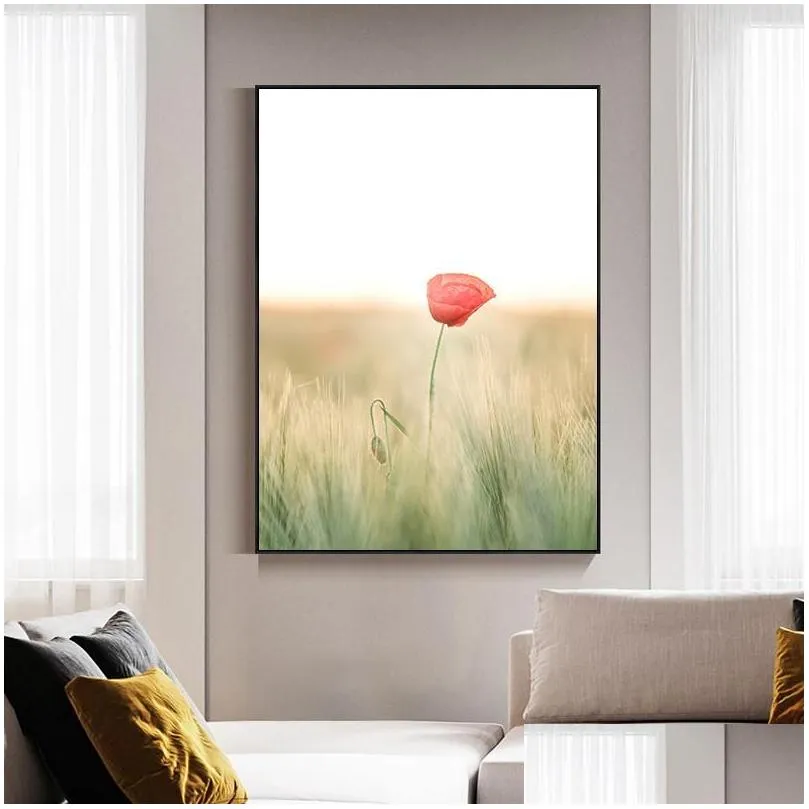 paintings grassland blooming red flowers landscape wall art canvas painting nordic posters prints pictures for living home decoration