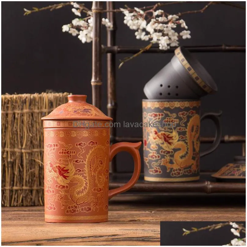 retro traditional chinese dragon phenix purple clay tea mug with lid infuser handmade yixing zisha tea cup 300ml teacup gift mug