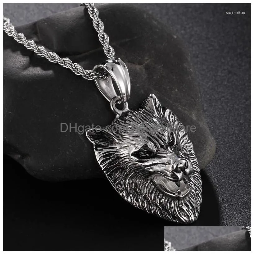 pendant necklaces 2022 brand mens vintage large 3d gothic animal wolf heads stainless steel necklace with rope chain 22 4mm