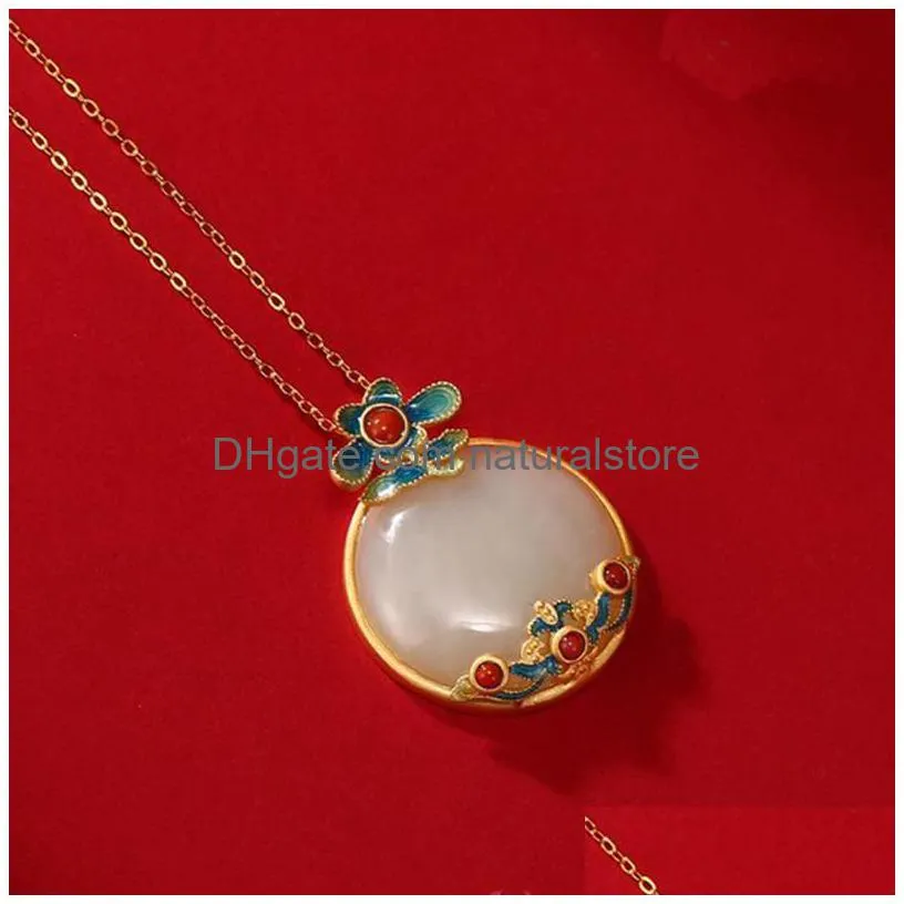 pendant necklaces vintage natural hetian jade stone round necklace charm enamel flower aesthetic jewelry for women party anniversary