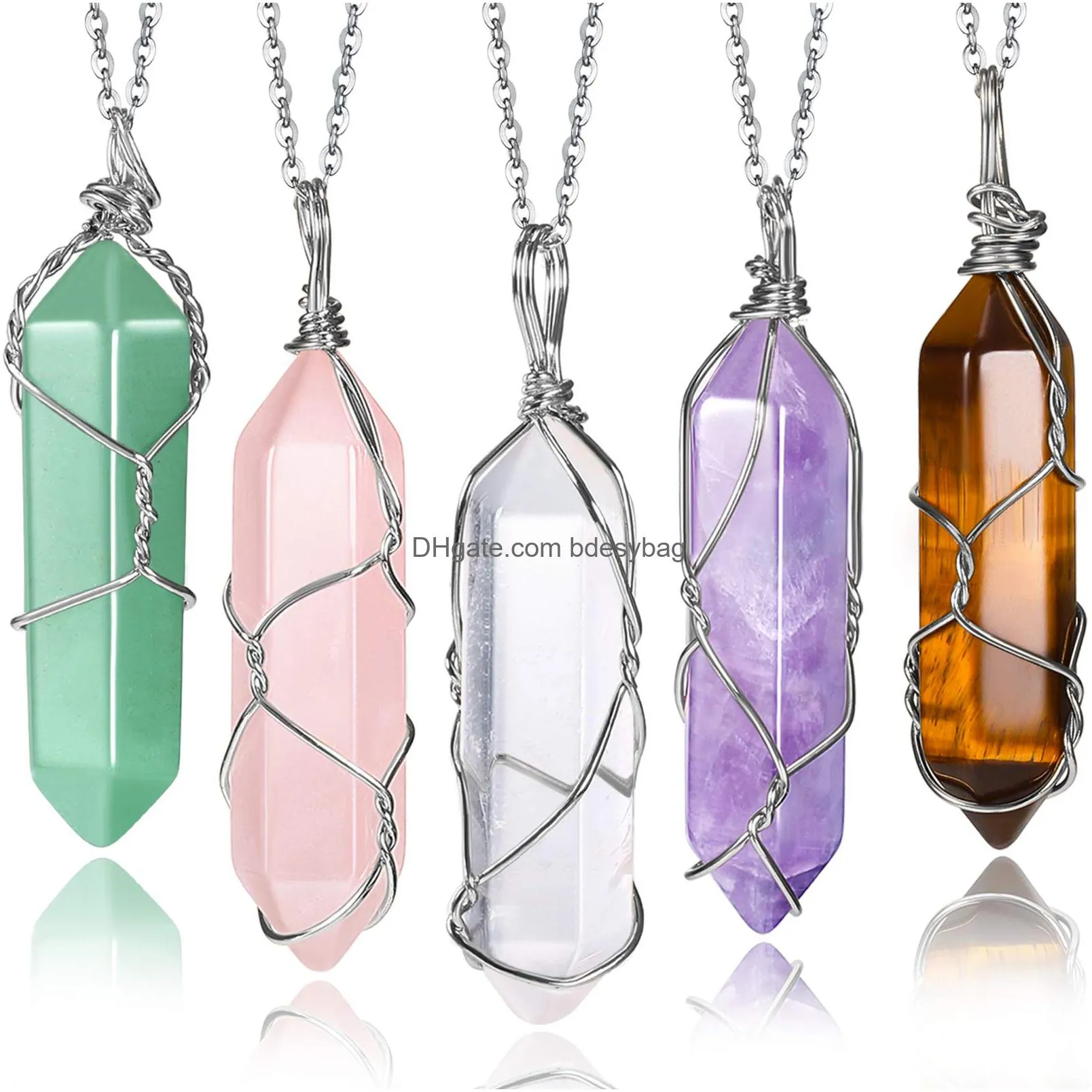hexagonal crystal pendant necklace natural quartz stone pendant necklace healing crystal full wire wrap gemstone necklace for women girls elegant colors