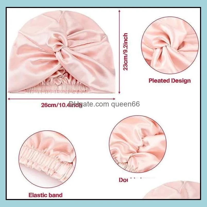 2022 womens 100 double silk sleeping cap night sleep cover hat for women with elastic ribbon hair care long hair headwear