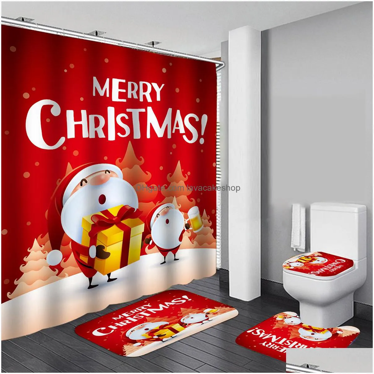 merry christmas waterproof bath shower curtain christmas santa claus bath mat lid toilet cover polyester/ flannel shower curtain