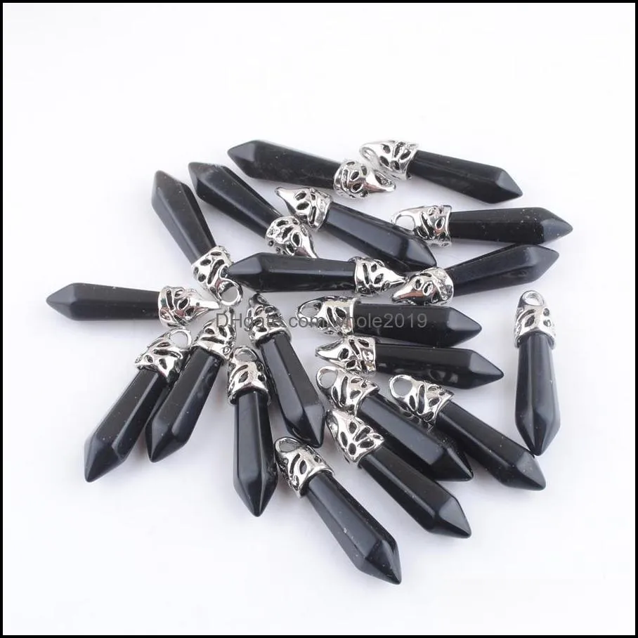 wholesale gemstone hexagonal pillar charms pendants black agate beads pendulum chakra reiki natural stone dn4400