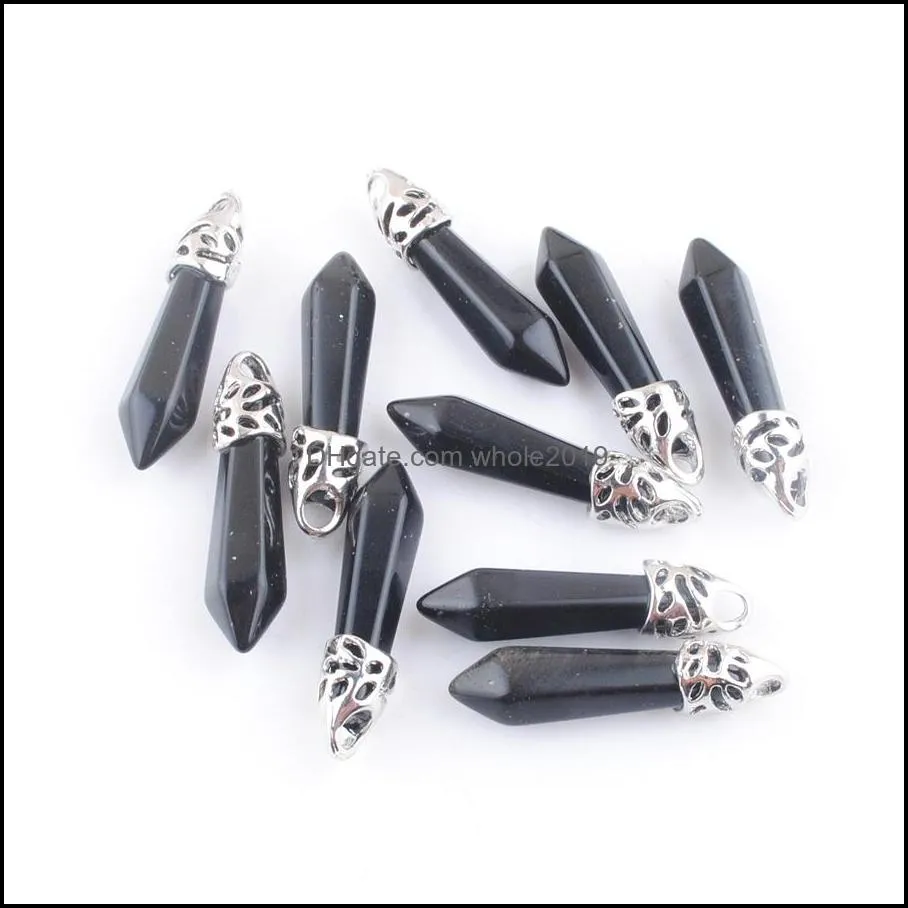 wholesale gemstone hexagonal pillar charms pendants black agate beads pendulum chakra reiki natural stone dn4400