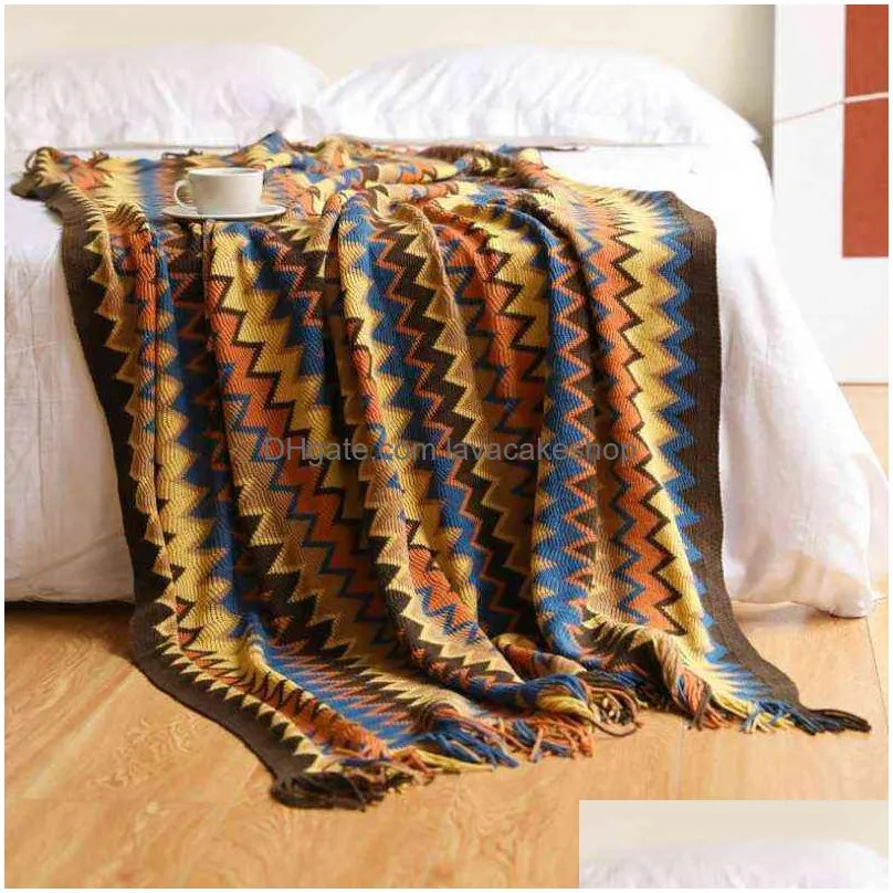 bohemian knitted blanket sofa throw with tassels colorful bedspread nap air condition nordic home decorative 211218